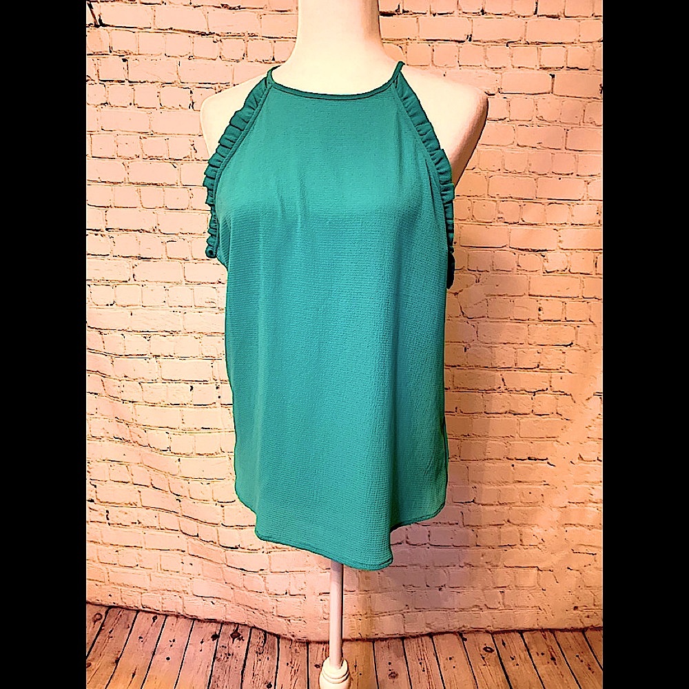 Candies Teal sleeveless top ruffled trim. Size L